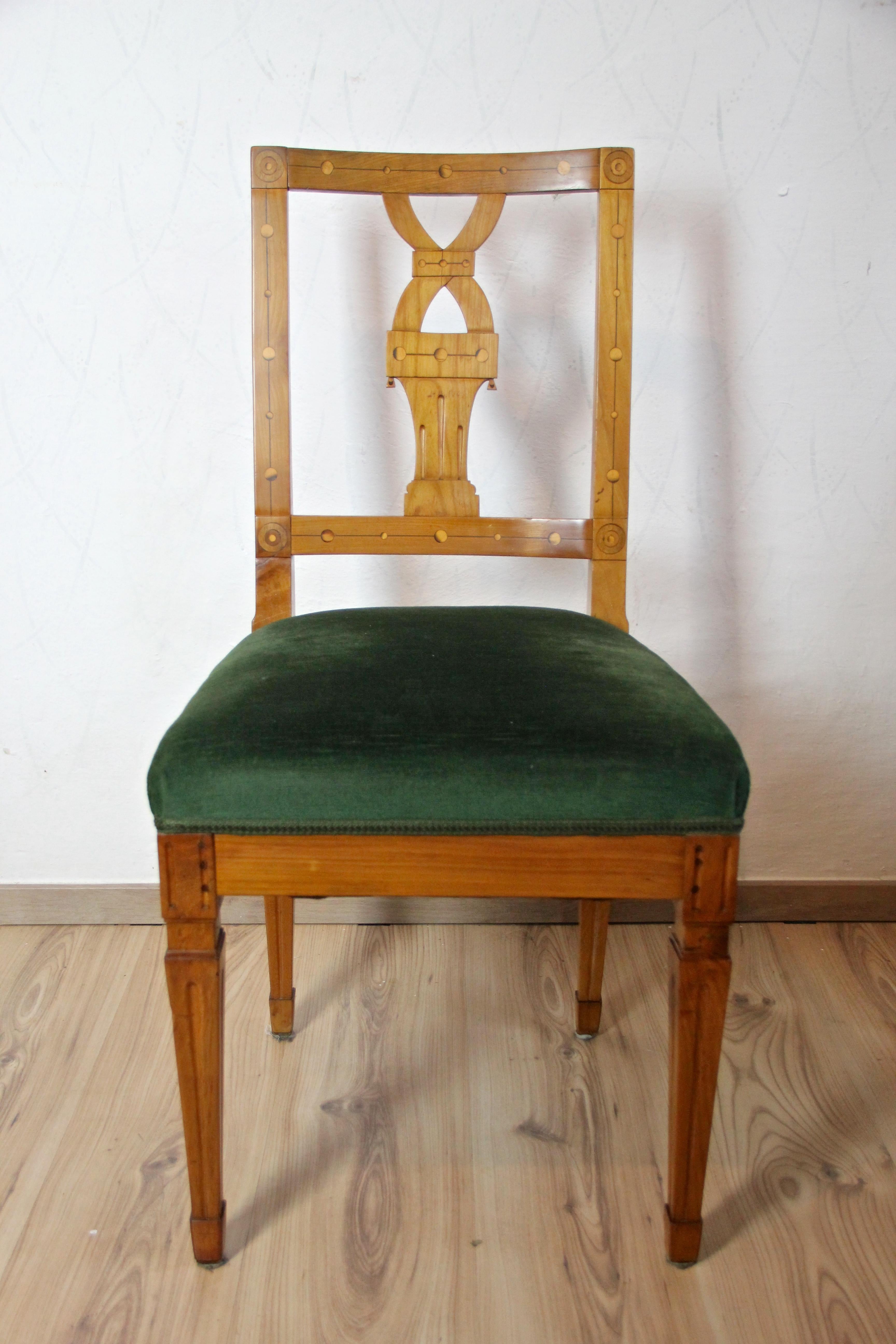Unique 18th century cherrywood chair from the period of Emperor Joseph II. of Austria, the son of Empress Maria Theresia, circa 1790. Made of solid cherrywood, this decorative chair was newly upholstered with green fabric. The artfully made back is