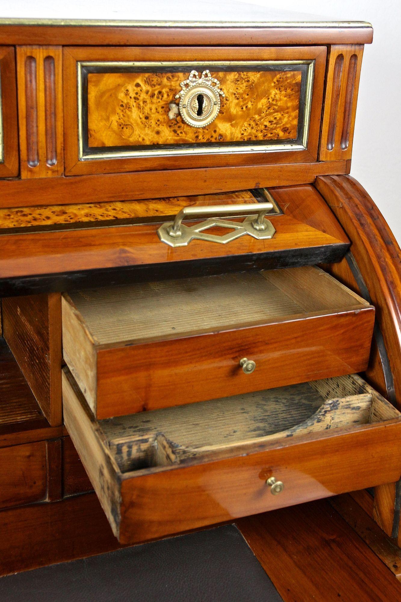 Brass 18th Century Cherrywood Cylinder Desk/ Rolltop Bureau Secretary, France C. 1780