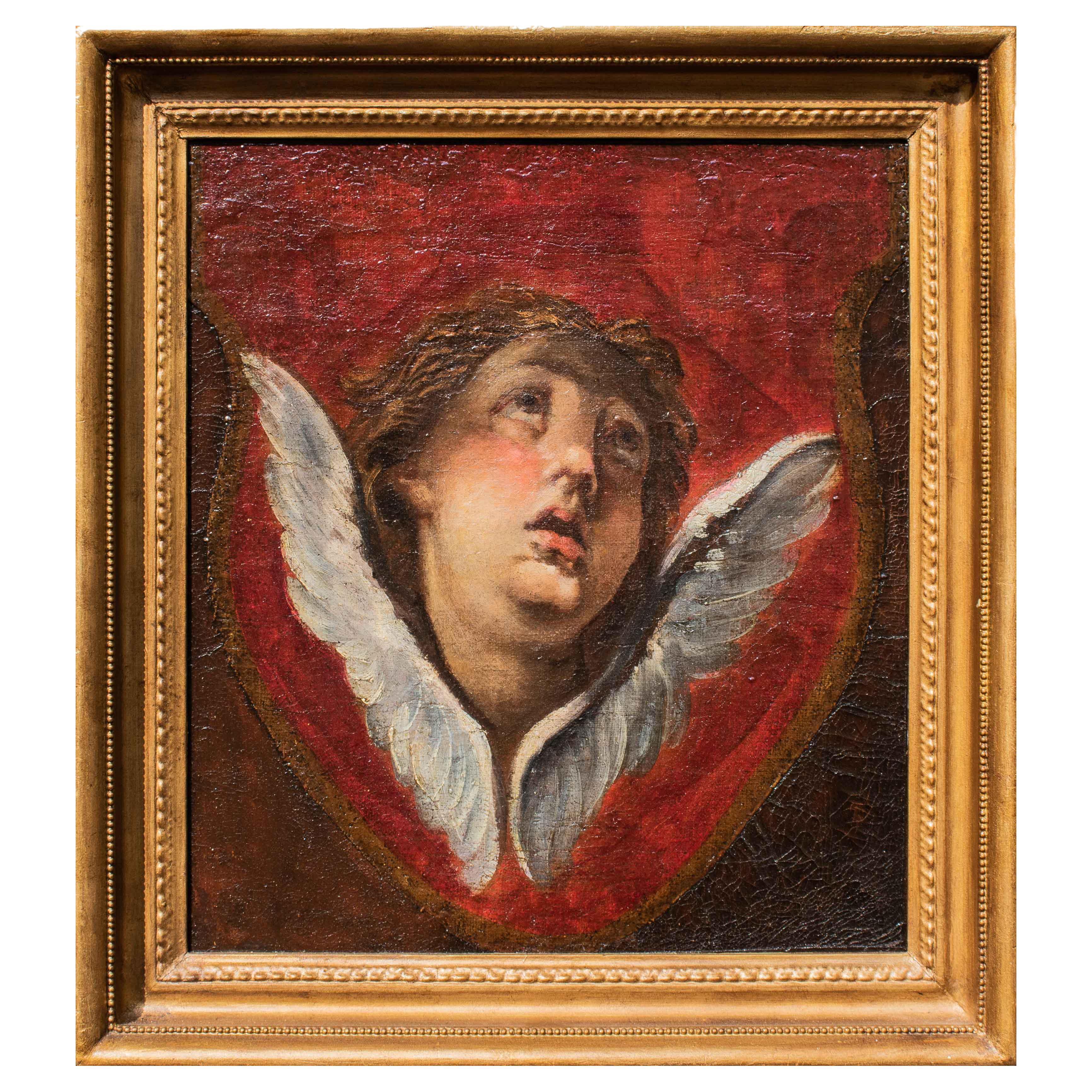 Peinture à l'huile sur toile du 18ème siècle représentant une tête de chérubin