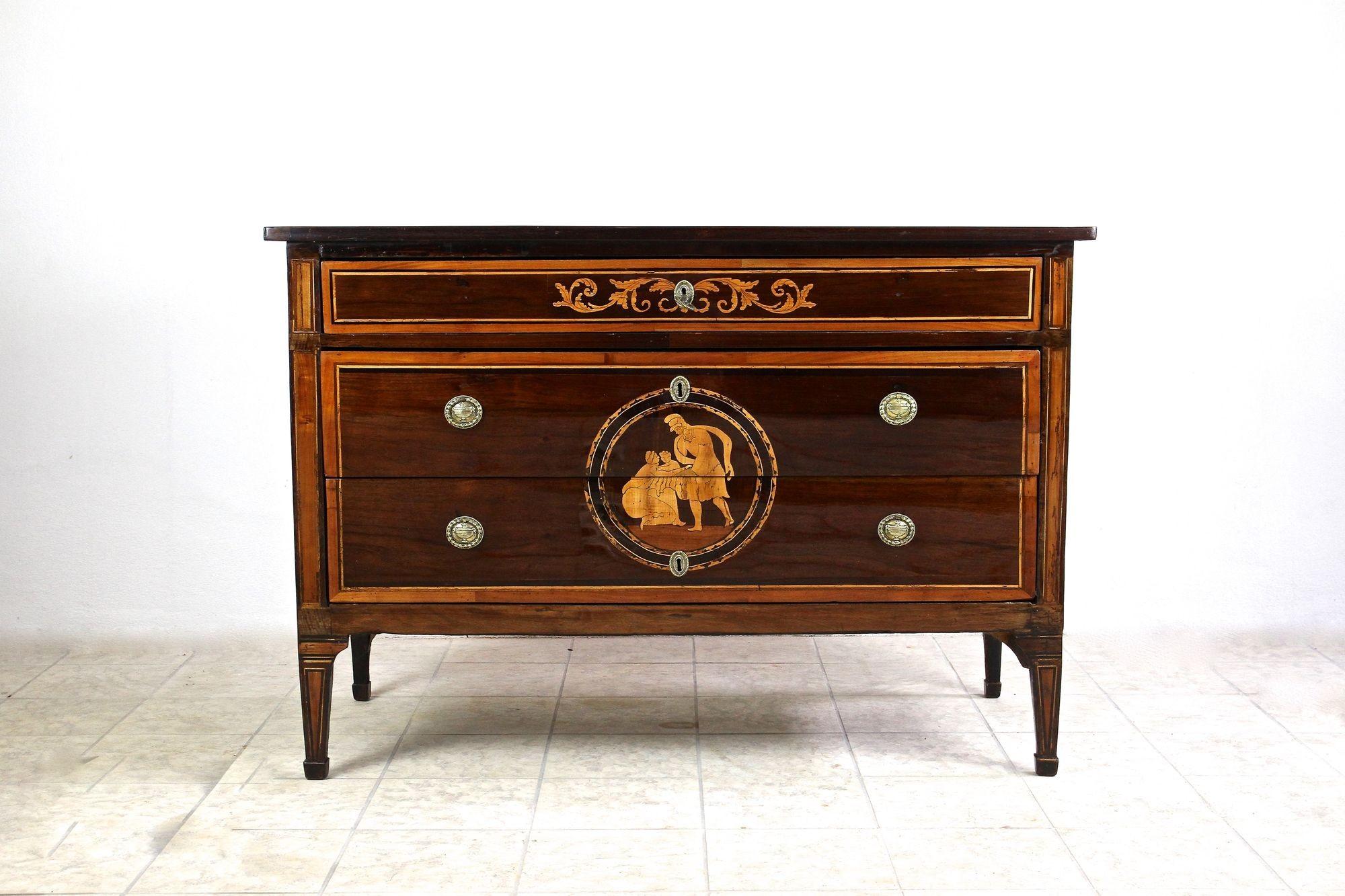 Exceptional, remarkable 18th century marquetry chest of drawers out of Italy, more precisely the Lombardy. Artfully crafted around 1780 with highest attention to details, this masterpiece of mid 18th century Italian craftsmanship is attributed to