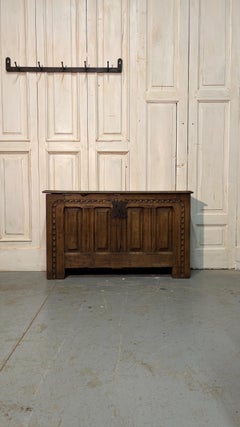 18th-century chestnut chest with finely decorated front and paneled sides.