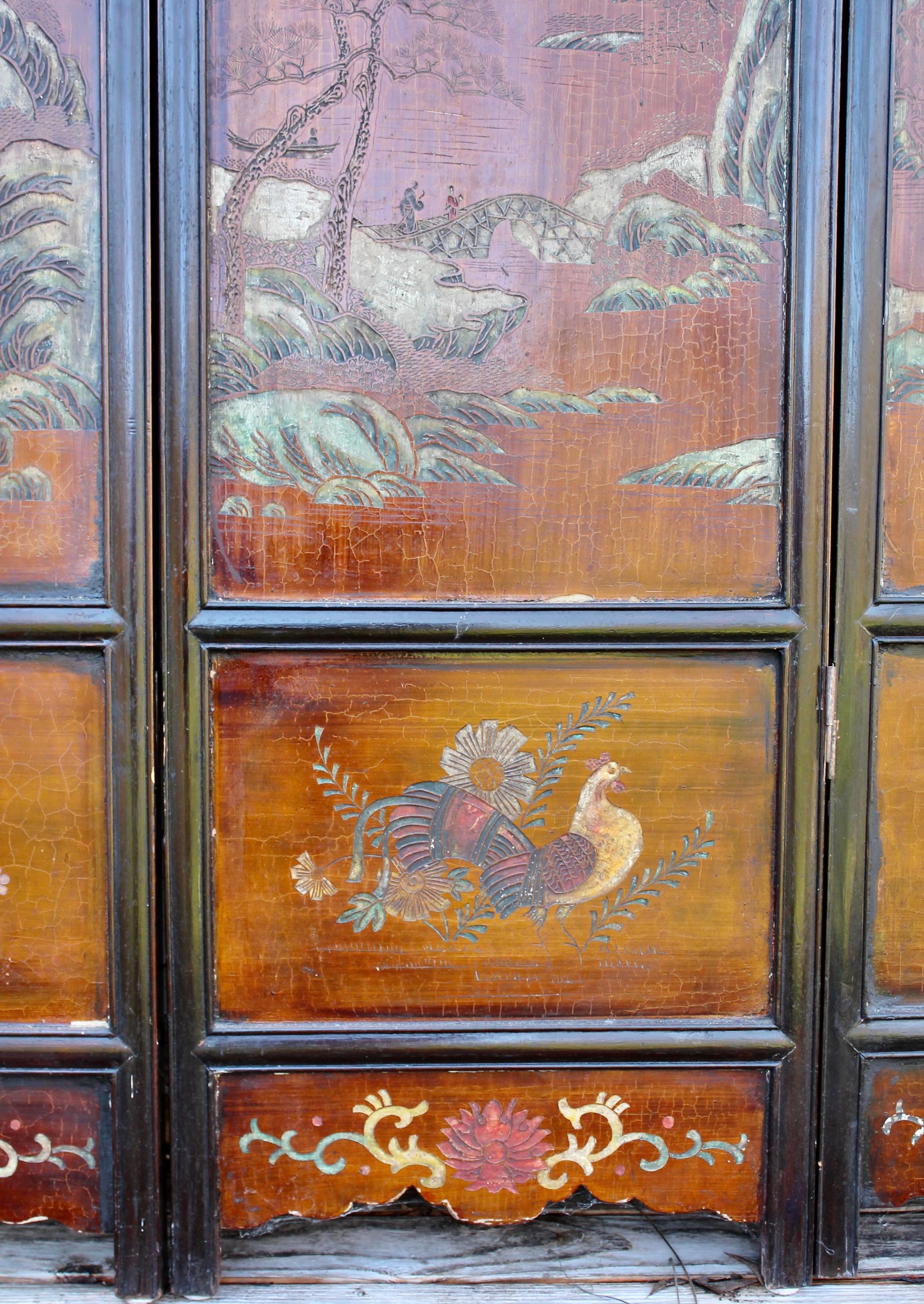 Chinesische 4 Tafeln-Coromandel-Landschaft und figürlicher Raumteiler aus dem 18. Jahrhundert im Angebot 12