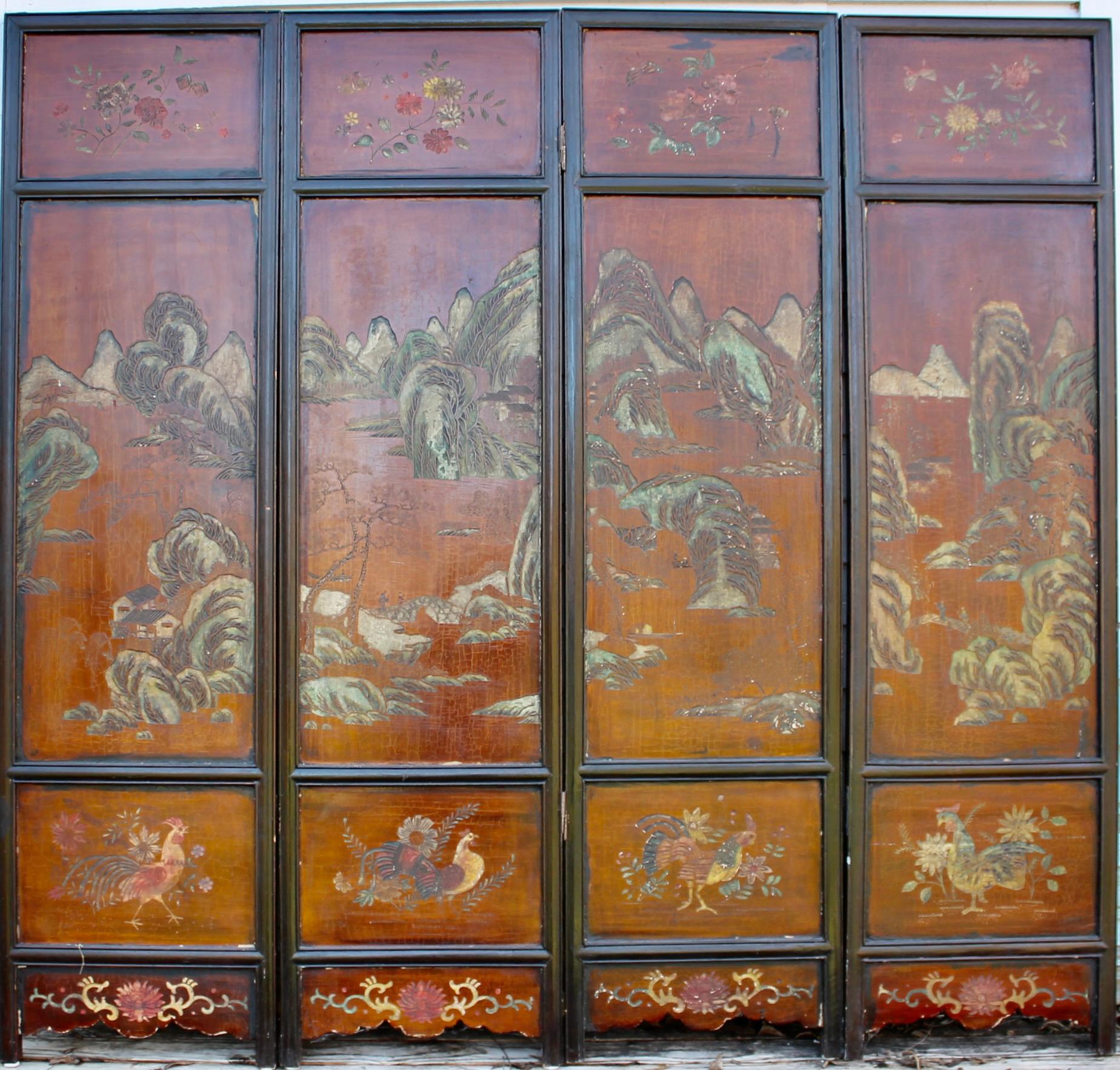 Offering an early 4 Part carved and lacquered paneled screen, scenes on both sides, each section divided into three parts plus a skirt. Fine carved landscapes on one side and figures in landscapes on the verso. Birds, animals and floral arrangements
