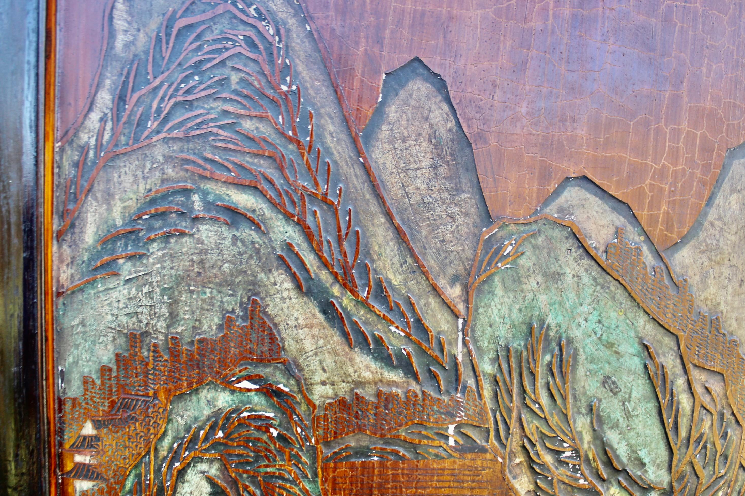 Chinesische 4 Tafeln-Coromandel-Landschaft und figürlicher Raumteiler aus dem 18. Jahrhundert im Zustand „Gut“ im Angebot in Sharon, CT