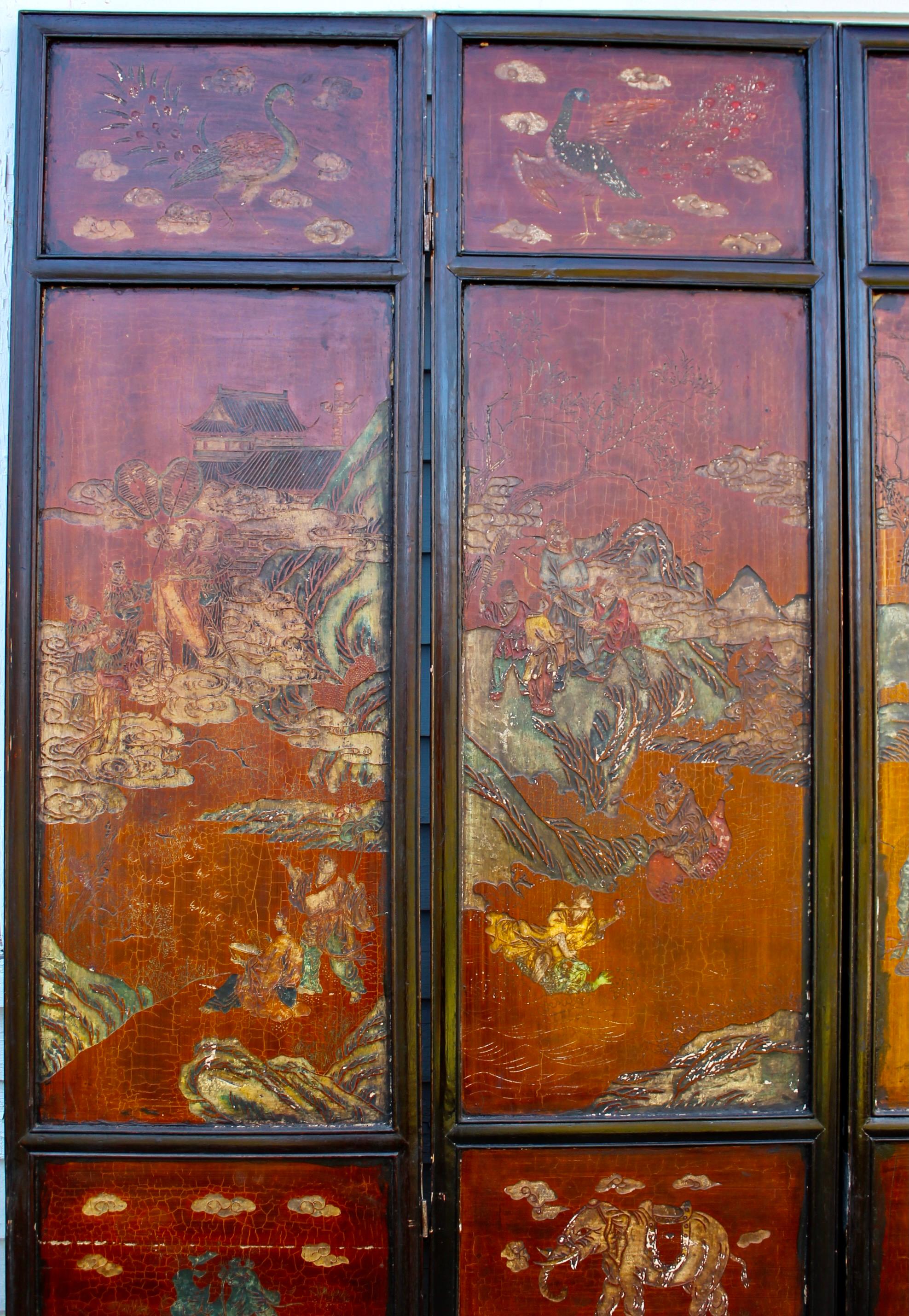 Chinesische 4 Tafeln-Coromandel-Landschaft und figürlicher Raumteiler aus dem 18. Jahrhundert im Angebot 1