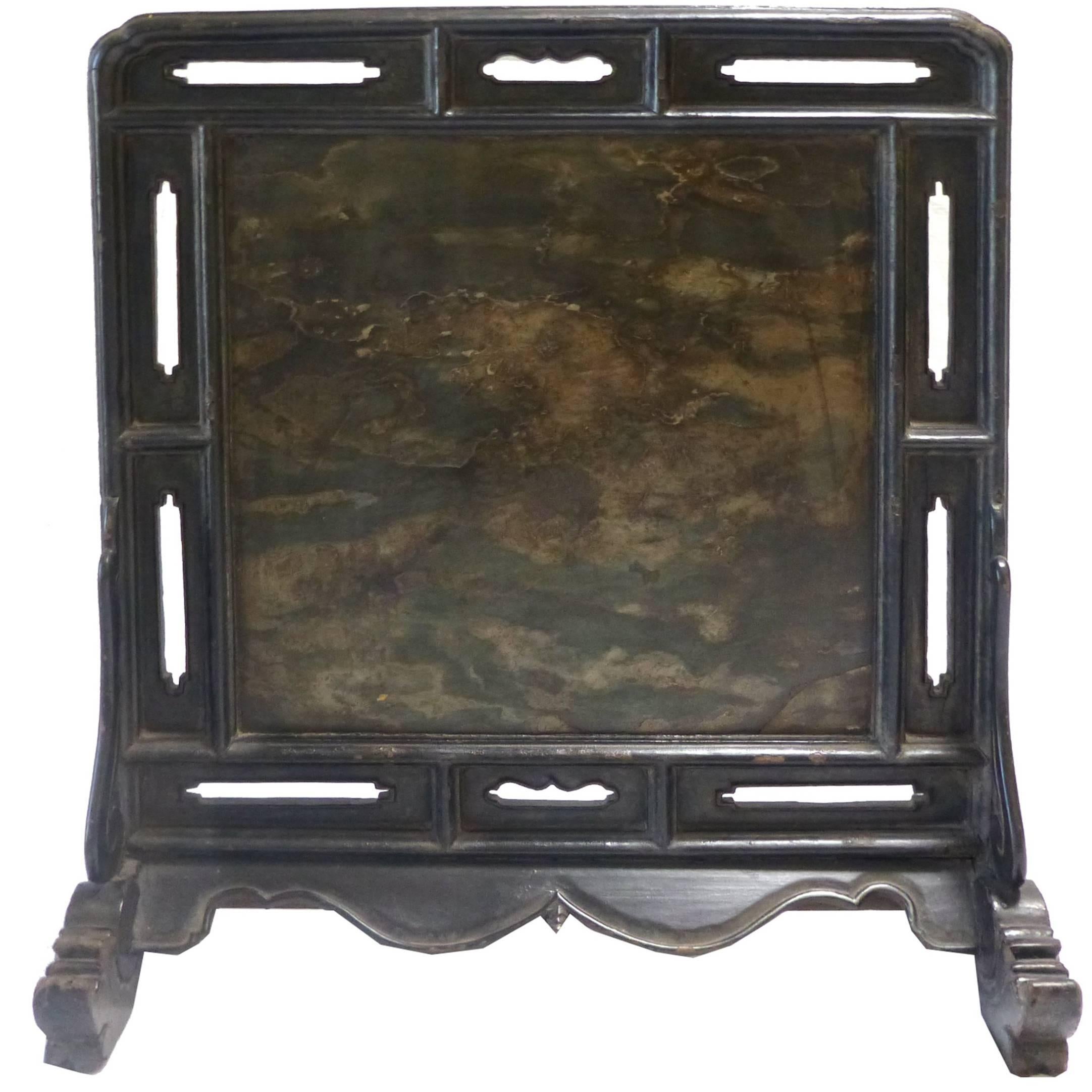 18th Century Chinese Black Lacquer Table Screen Inset with Stone