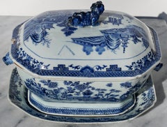 18th Century Chinese Blue and White Chamfered Tureen, Cover and Stand
