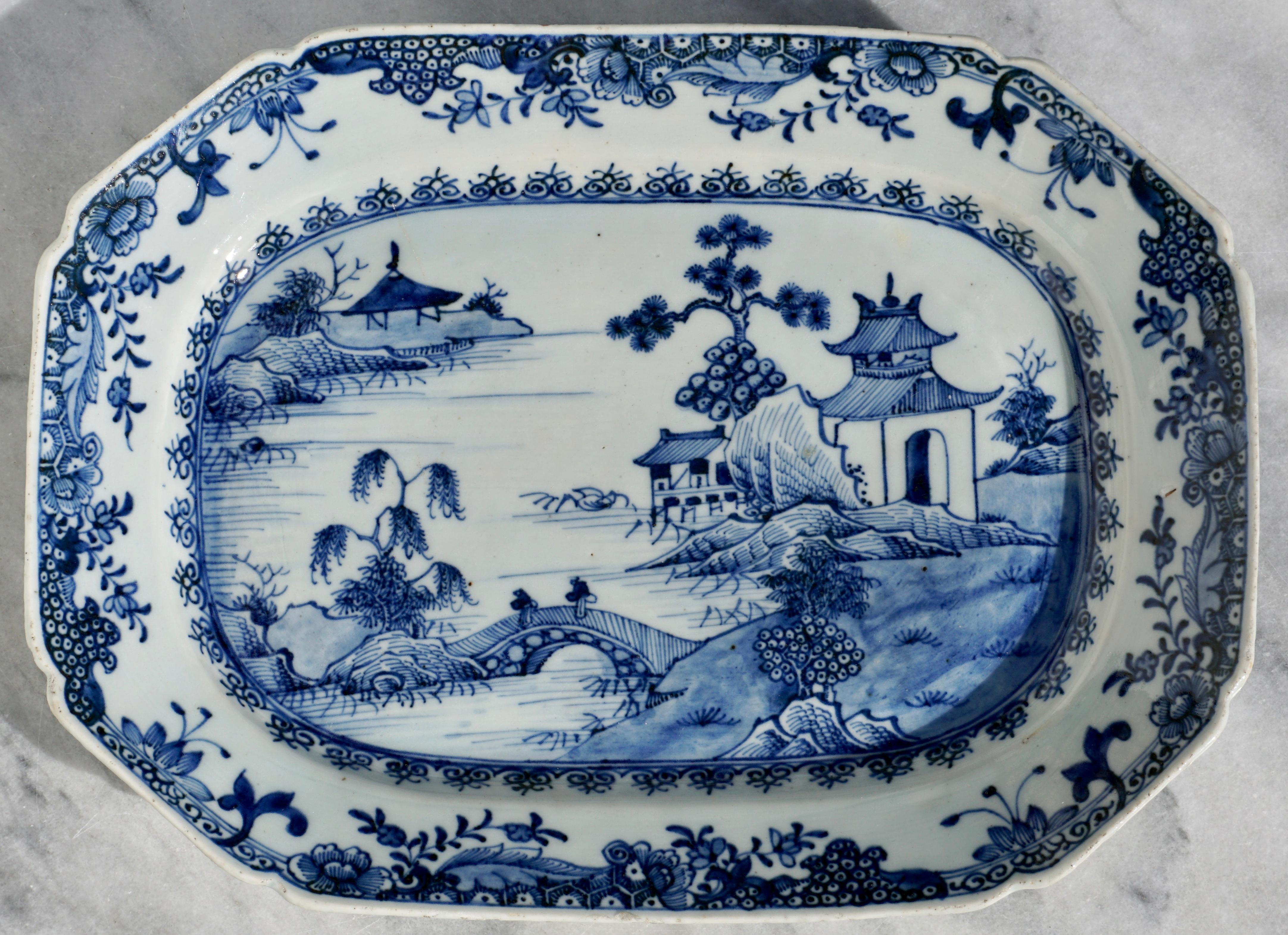 Hand-Crafted 18th Century Chinese Blue and White Chamfered Tureen, Cover and Stand