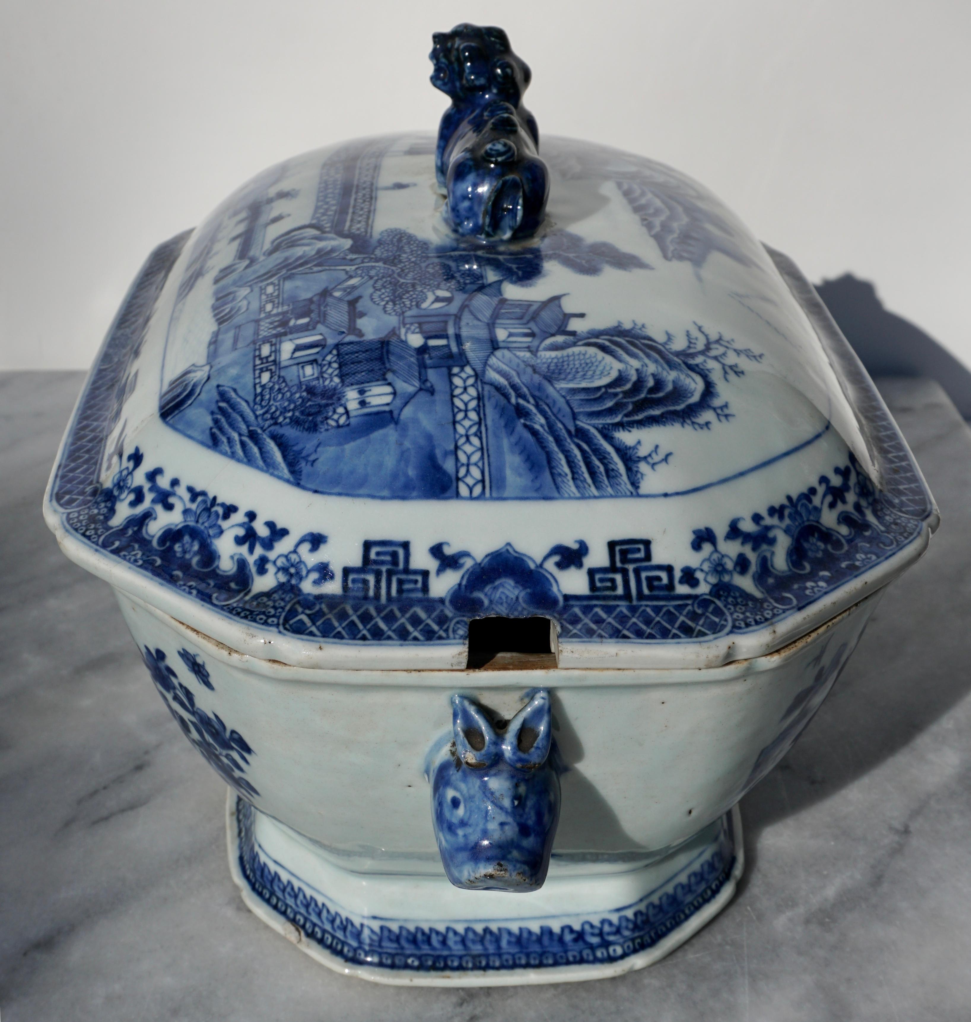 Porcelain 18th Century Chinese Blue and White Chamfered Tureen, Cover and Stand
