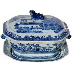 Antique 18th Century Chinese Blue and White Chamfered Tureen, Cover and Stand