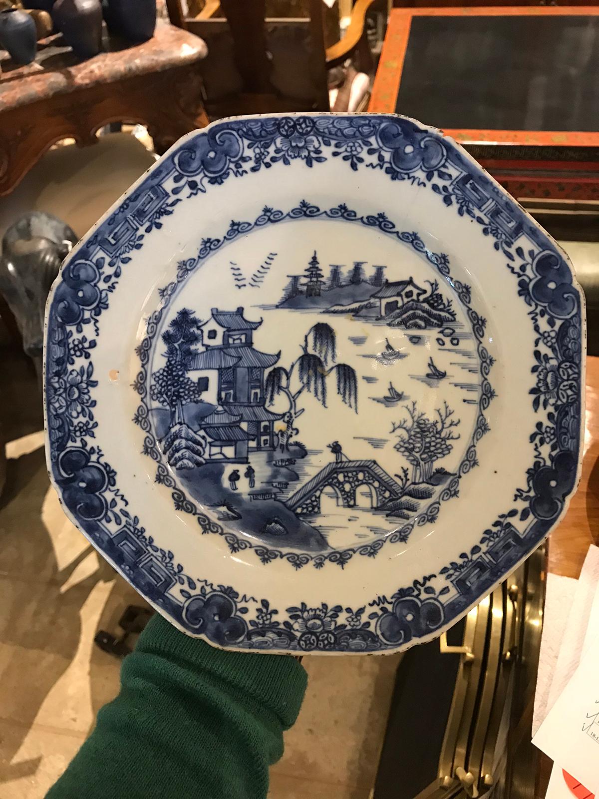 18th century Chinese blue and white porcelain octagonal plate.