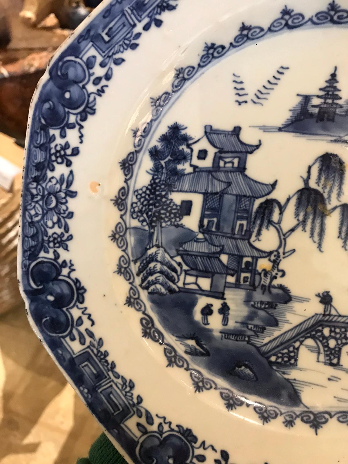 18th Century and Earlier 18th Century Chinese Blue and White Porcelain Octagonal Plate For Sale