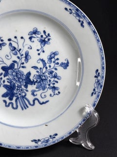 18th Century Chinese Blue & White Porcelain Plate with Floral Decoration, Hand P