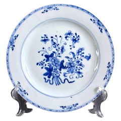 18th Century Chinese Blue & White Porcelain Plate with Floral Decoration, Hand P