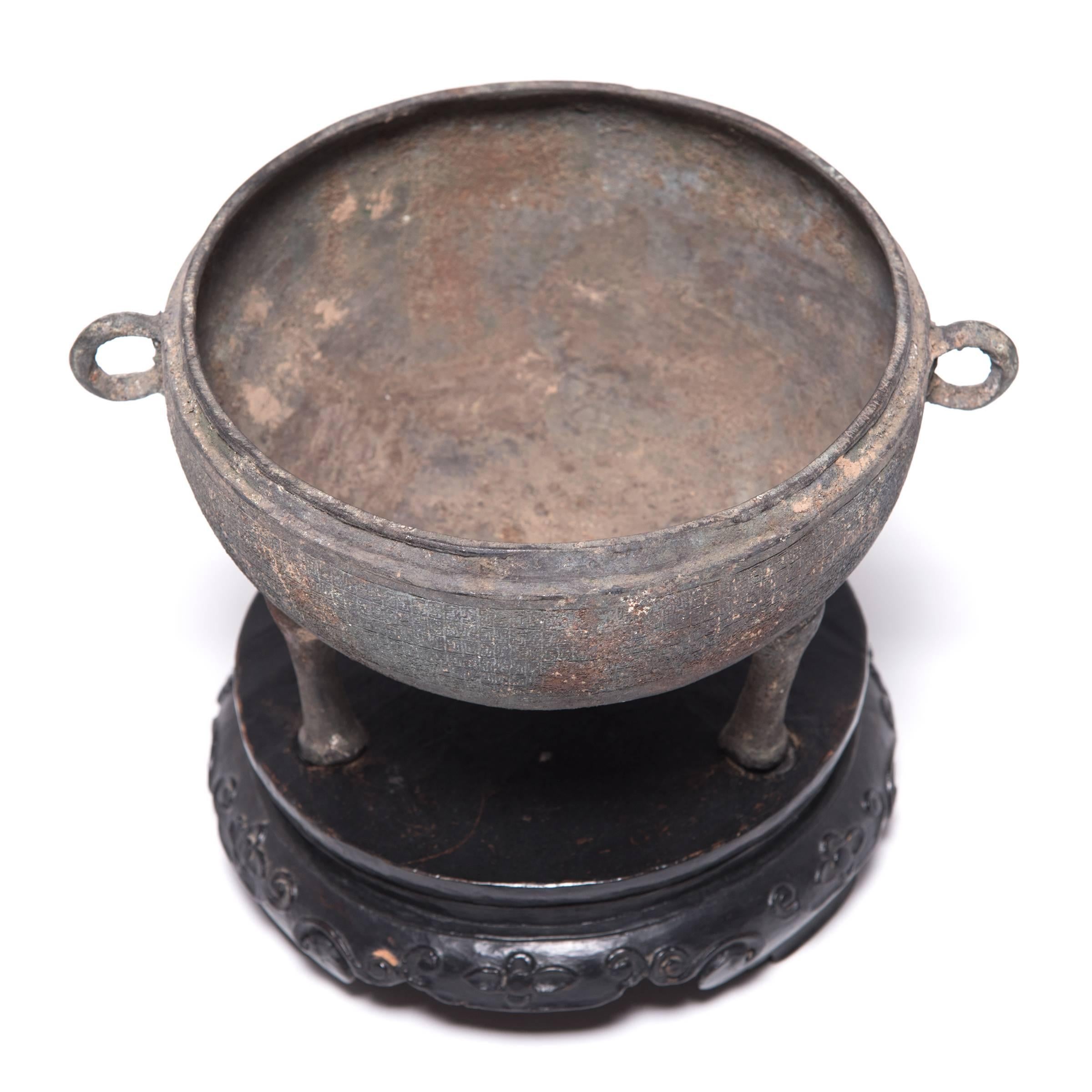 Hand-Carved Chinese Bronze Vessel with Tripod Feet, c. 1750 For Sale