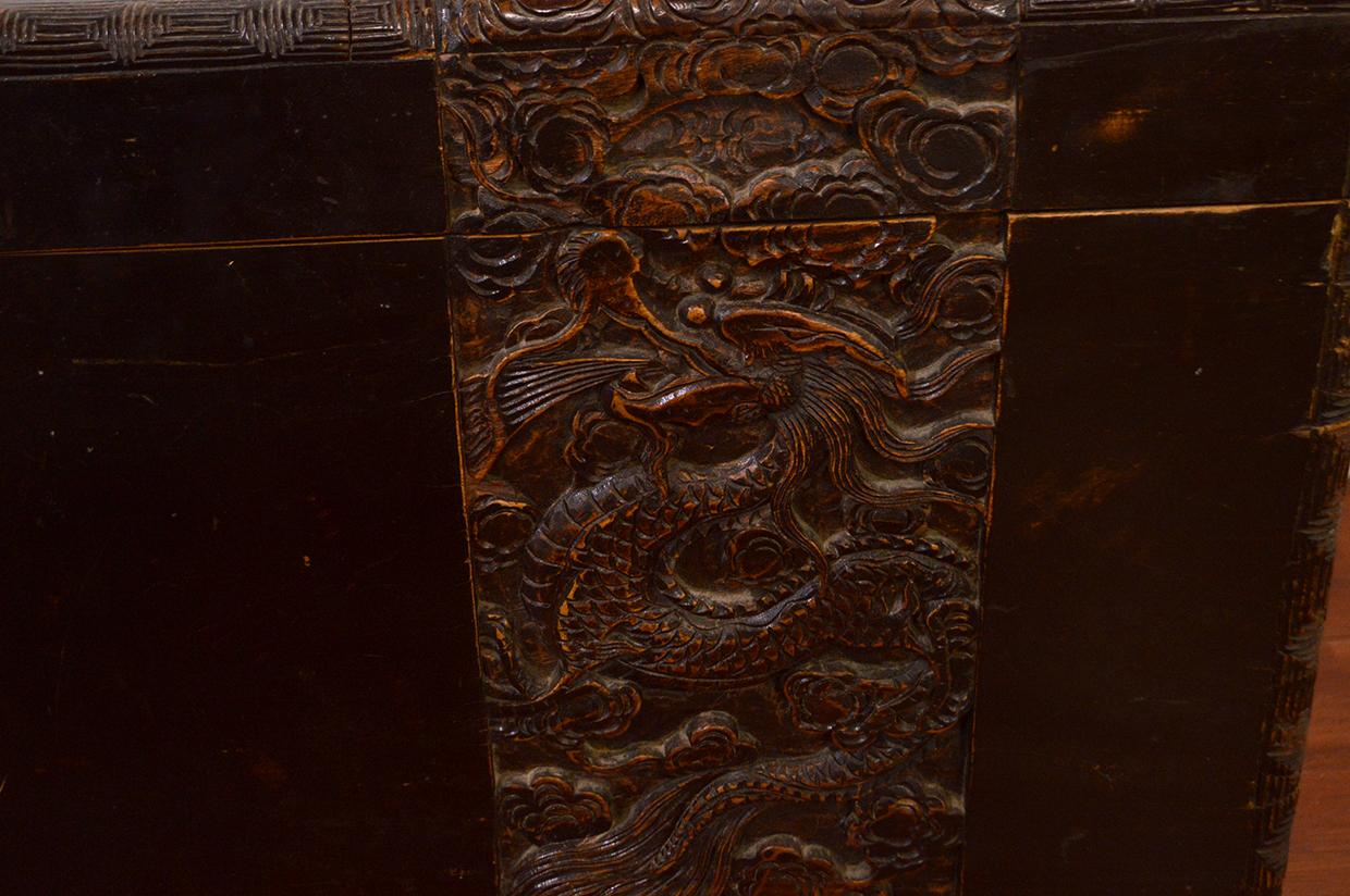 18th Century Chinese Camphor Wood Trunk with Carved Decoration 5