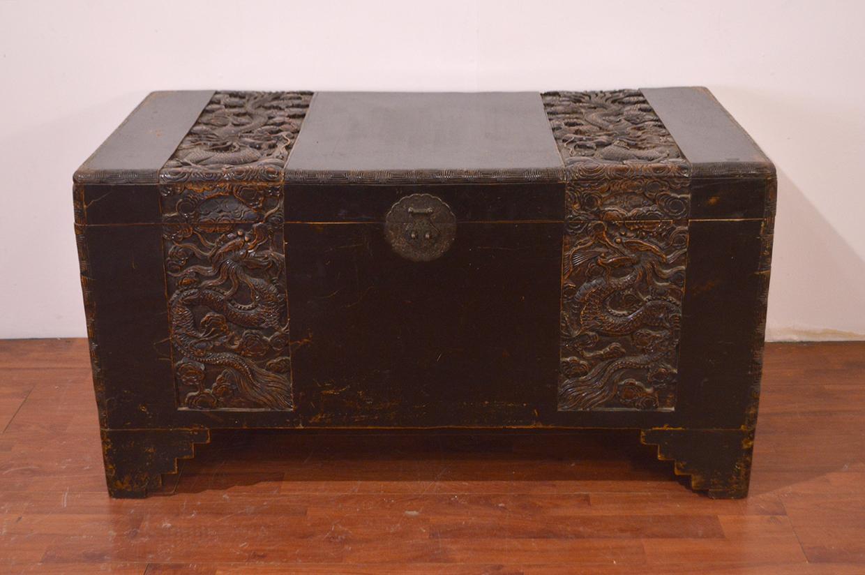 Ming 18th Century Chinese Camphor Wood Trunk with Carved Decoration