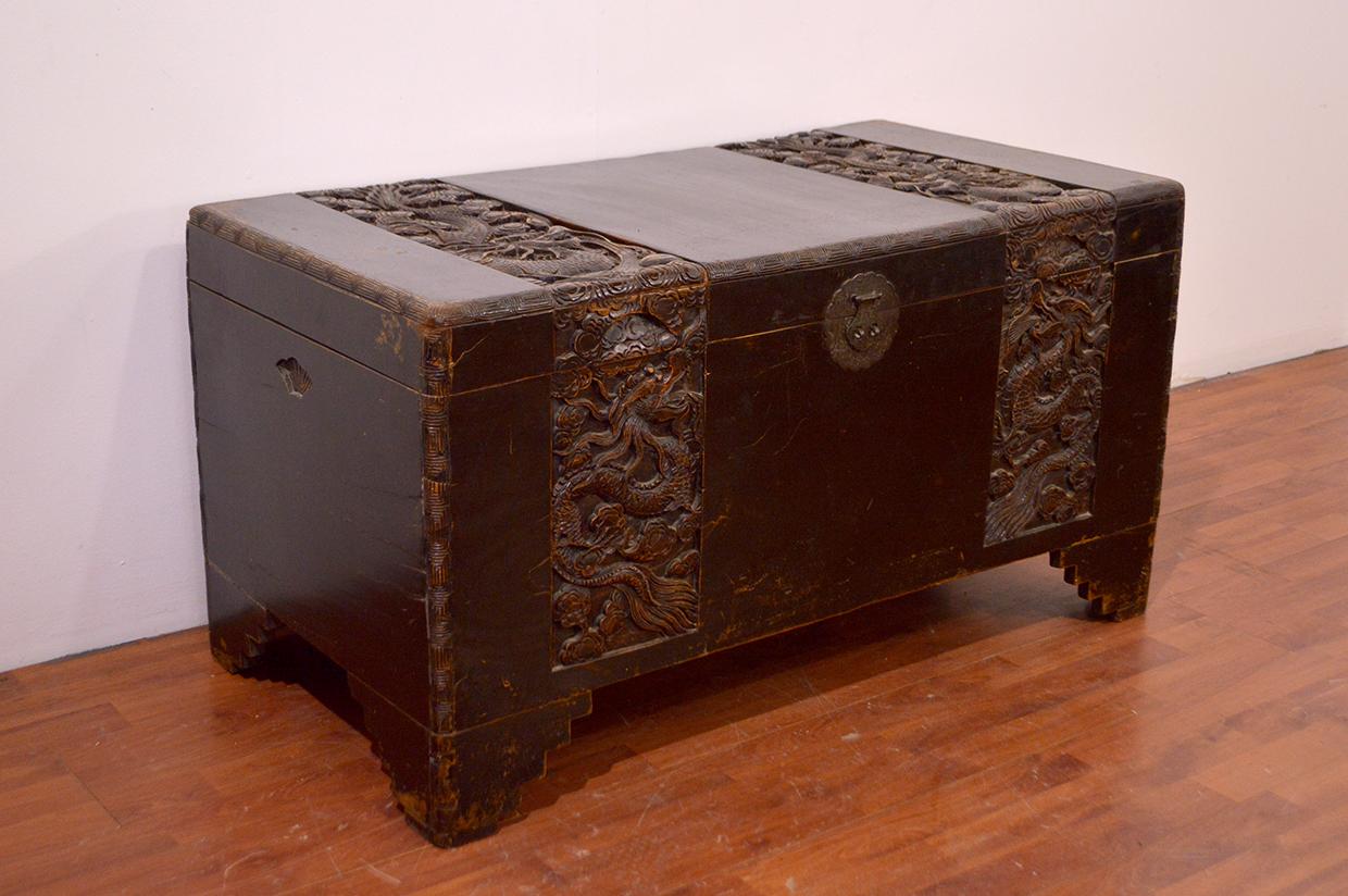 Hand-Carved 18th Century Chinese Camphor Wood Trunk with Carved Decoration
