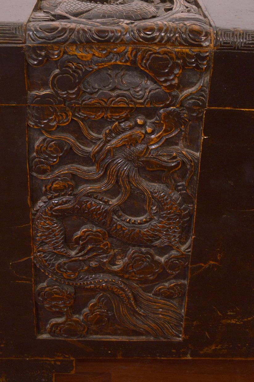 18th Century Chinese Camphor Wood Trunk with Carved Decoration 2