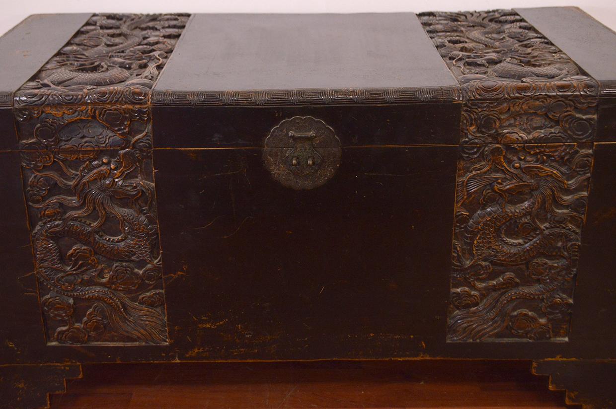 18th Century Chinese Camphor Wood Trunk with Carved Decoration 3
