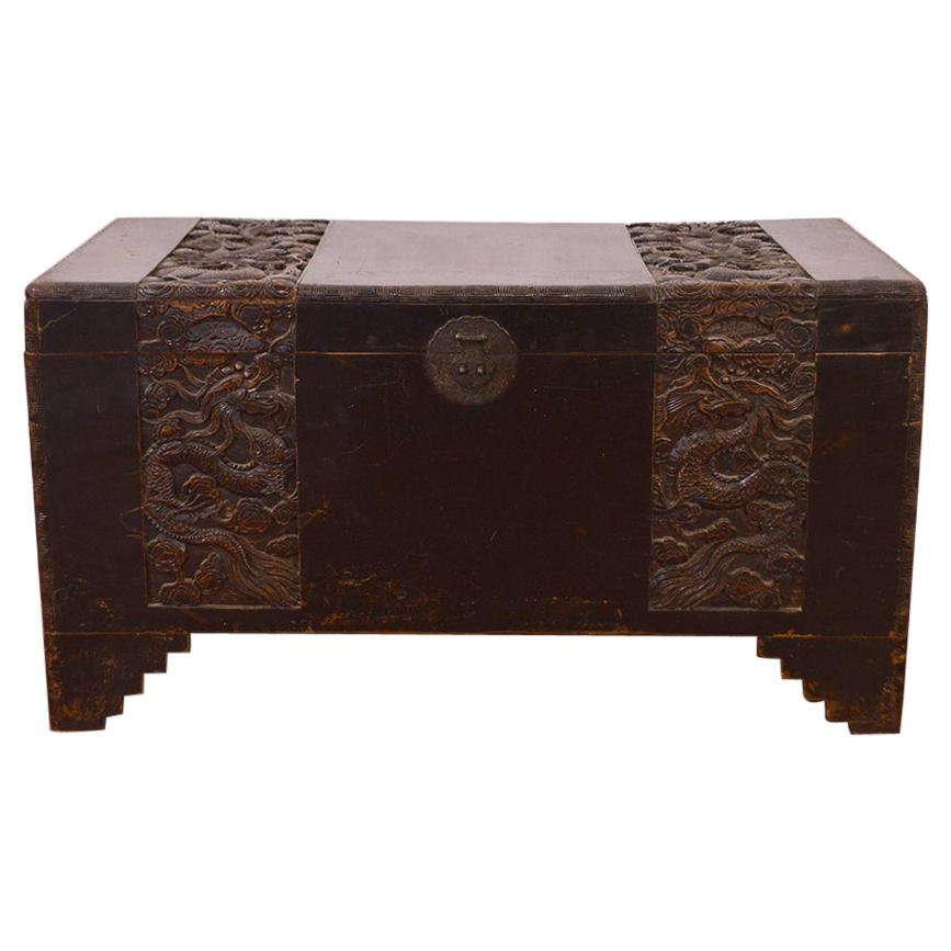 18th Century Chinese Camphor Wood Trunk with Carved Decoration