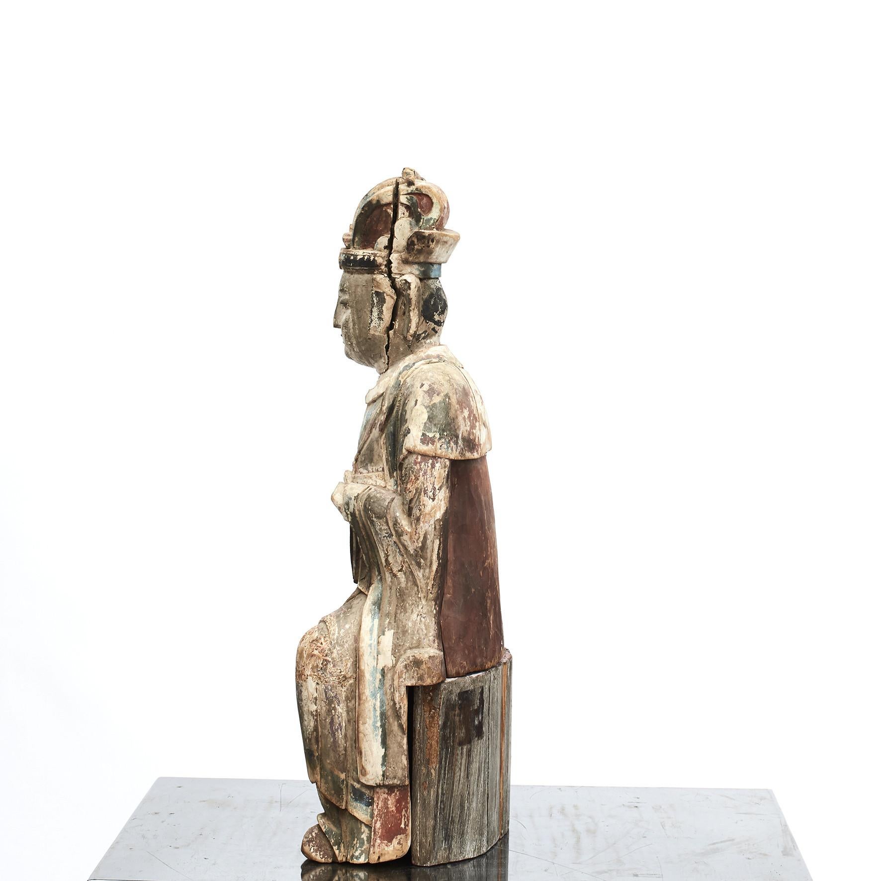 Qing 18th Century Chinese Carved and Painted Wood Figure of a Chinese Official