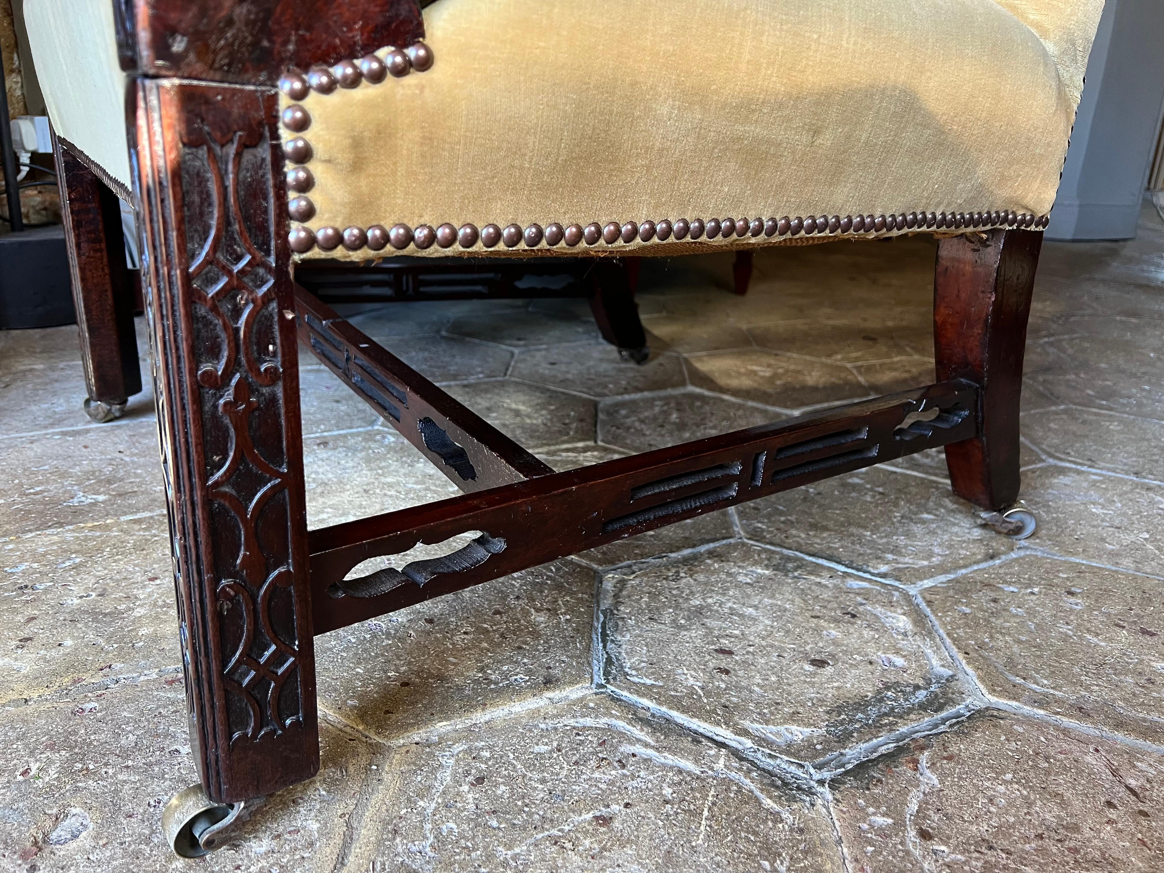 18th Century Chinese Chippendale Mahogany Gainsborough Library Armchair For Sale 3