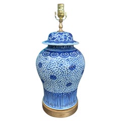 Antique 18th Century Chinese Covered Blue & White Jar as Lamp, Custom Base