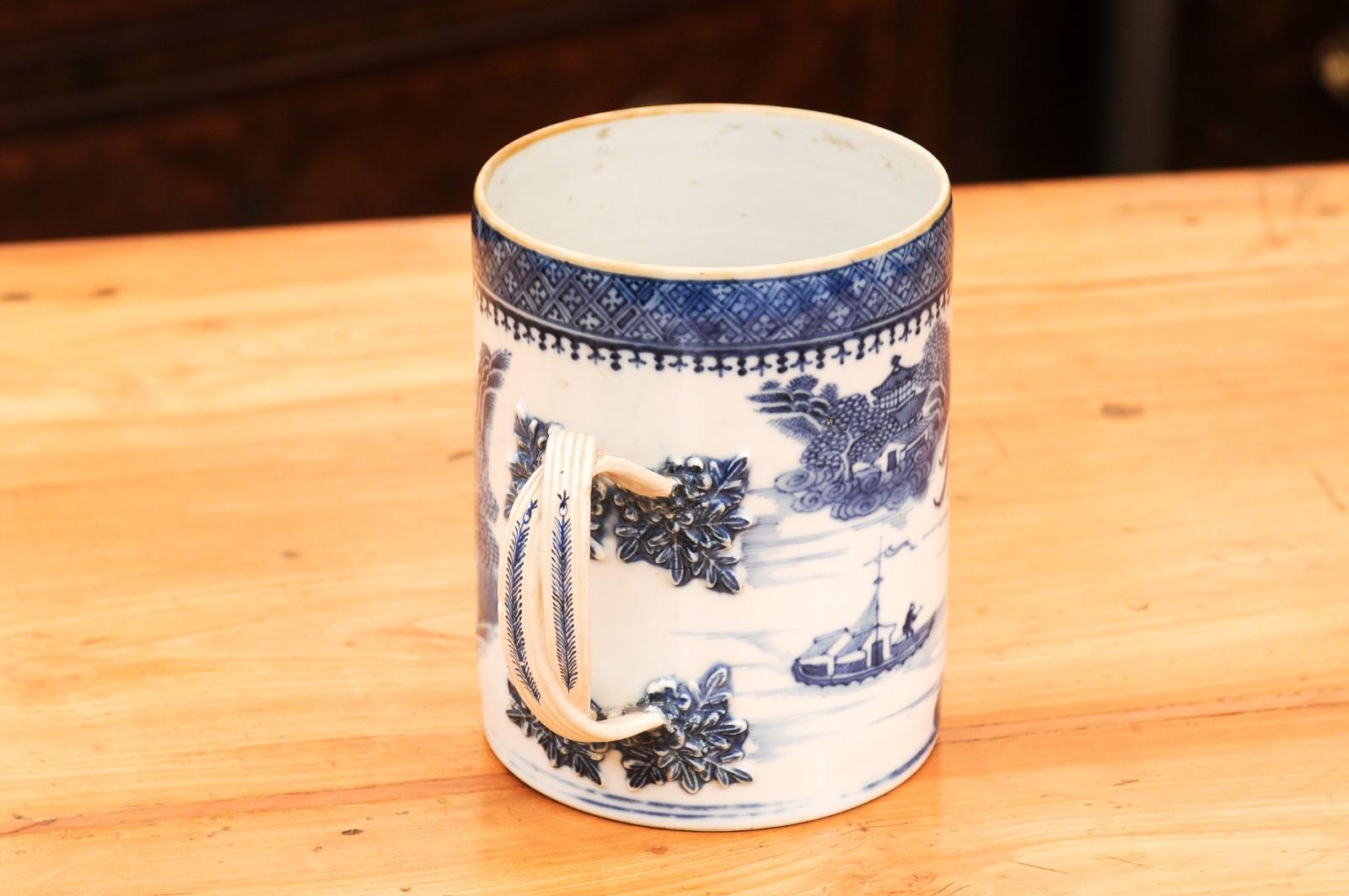 Porcelain 18th Century Chinese Export Blue and White Mug with Handle For Sale