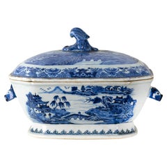 Retro 18th Century Chinese Export Blue And White Tureen and Conver