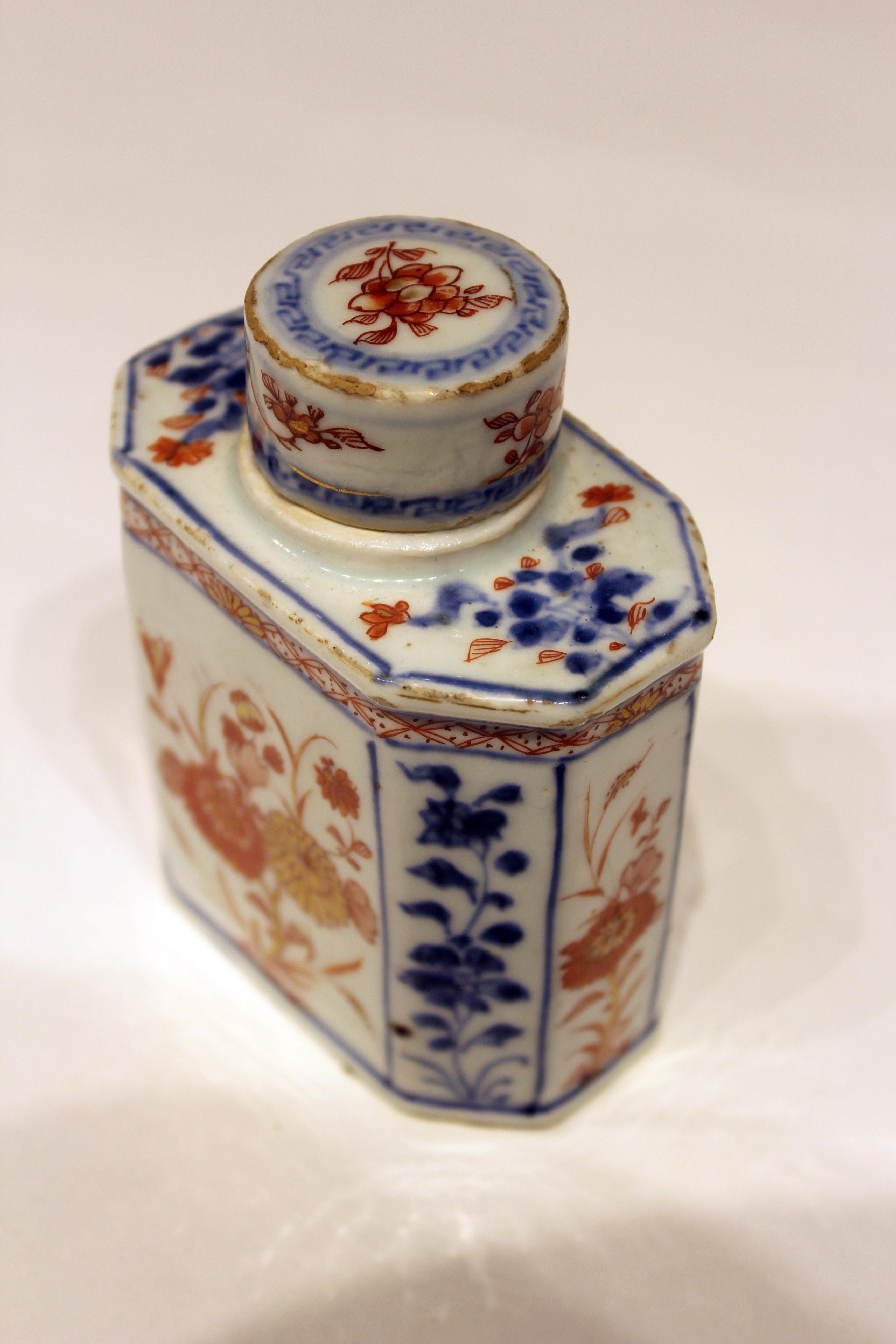18th Century and Earlier 18th Century Chinese Export Blue White and Red Painted Tea Caddy For Sale