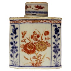 Antique 18th Century Chinese Export Blue White and Red Painted Tea Caddy