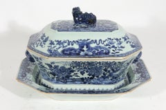 18th-century Chinese Export Blue & White Porcelain Soup Tureen, Cover & Stand