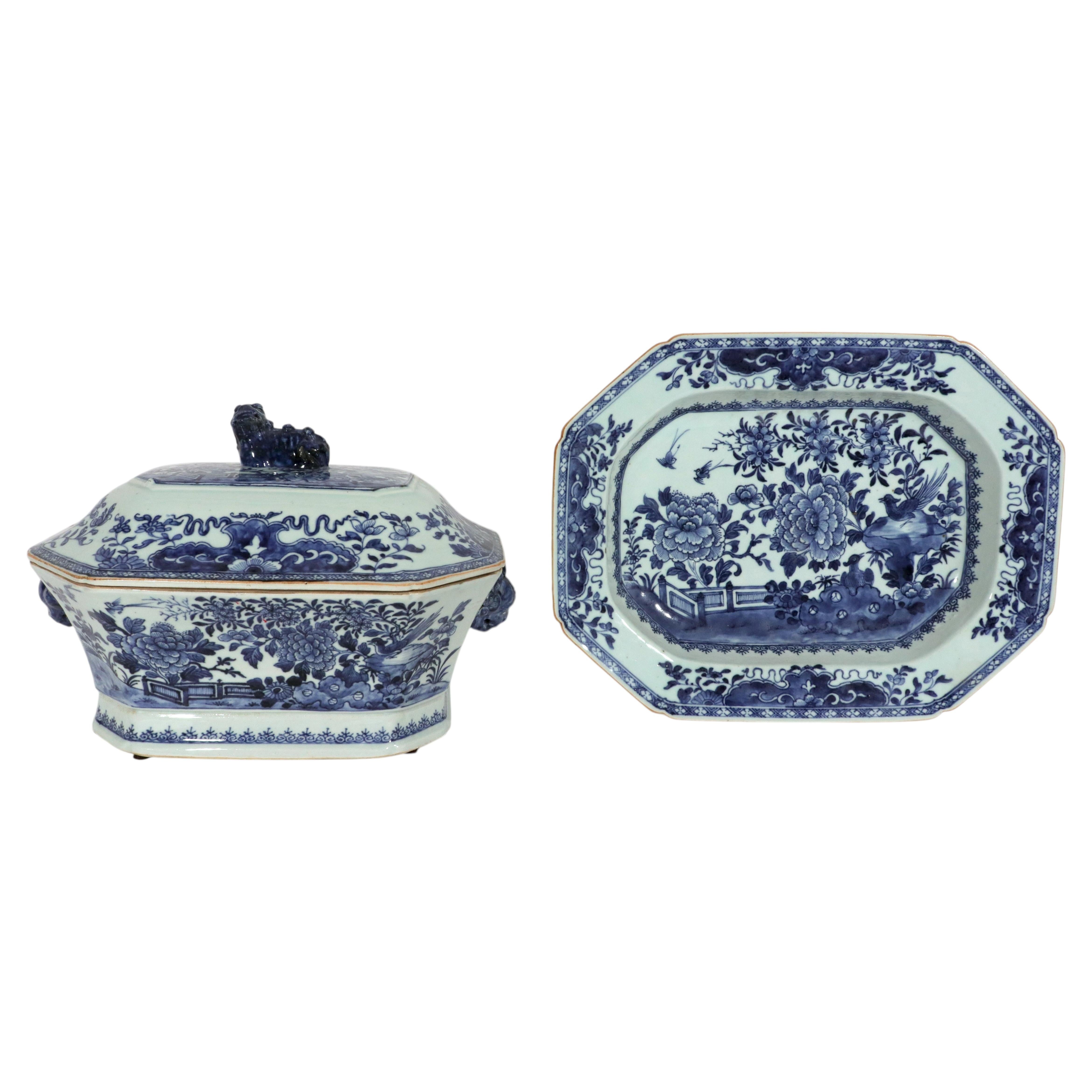 18th-century Chinese Export Blue & White Porcelain Soup Tureen, Cover & Stand
