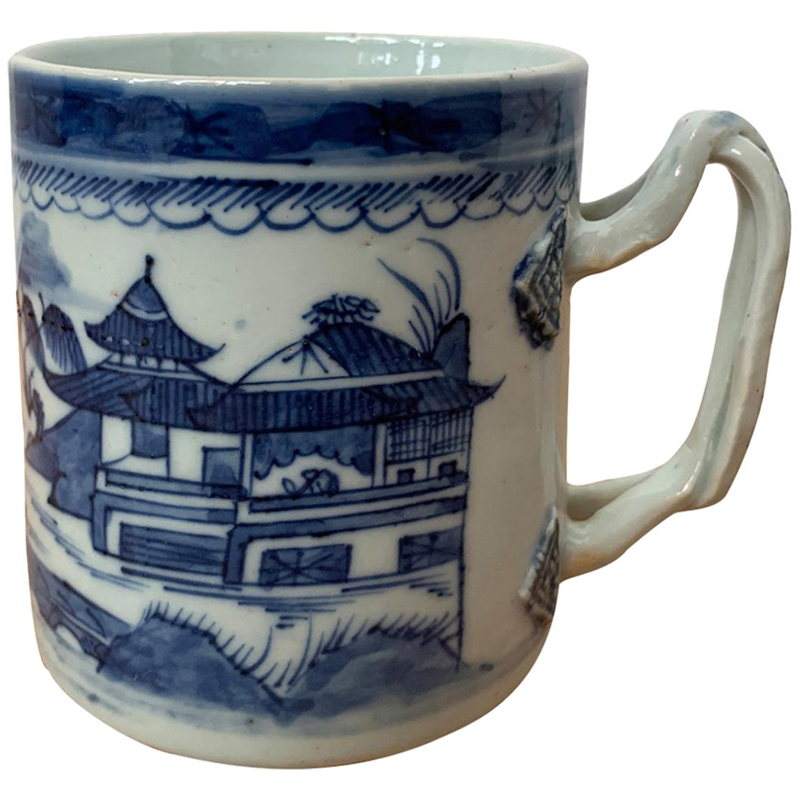 18th Century Chinese Export Canton Ware Blue and White Porcelain Mug, Unmarked