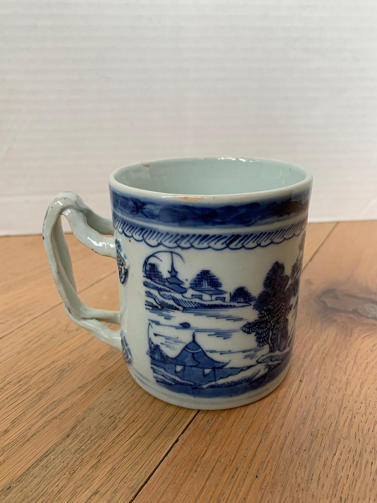 18th Century and Earlier 18th Century Chinese Export Canton Ware Blue and White Porcelain Mug, Unmarked