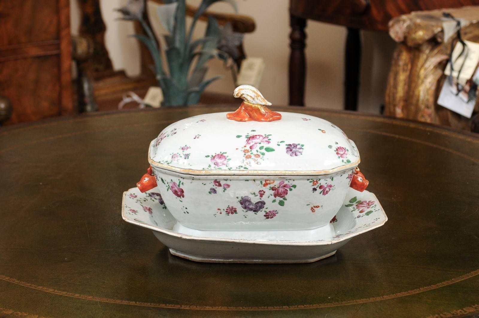 18th century Chinese Export Famille rose tureen with lid & underplate.