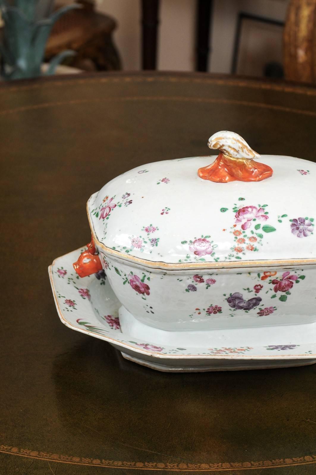 18th Century and Earlier 18th Century Chinese Export Famille Rose Tureen with Lid & Underplate For Sale
