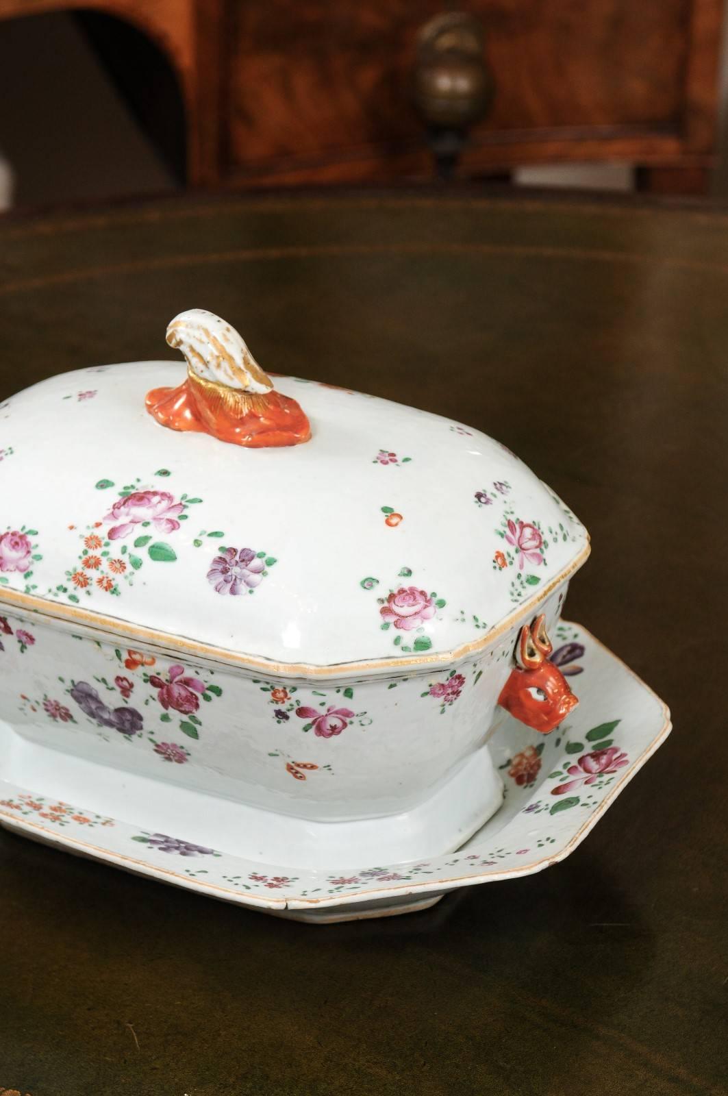 Porcelain 18th Century Chinese Export Famille Rose Tureen with Lid & Underplate For Sale