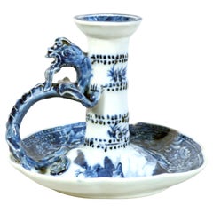 Antique 18th-Century Chinese Export Porcelain Blue and White Dragon Chamberstick