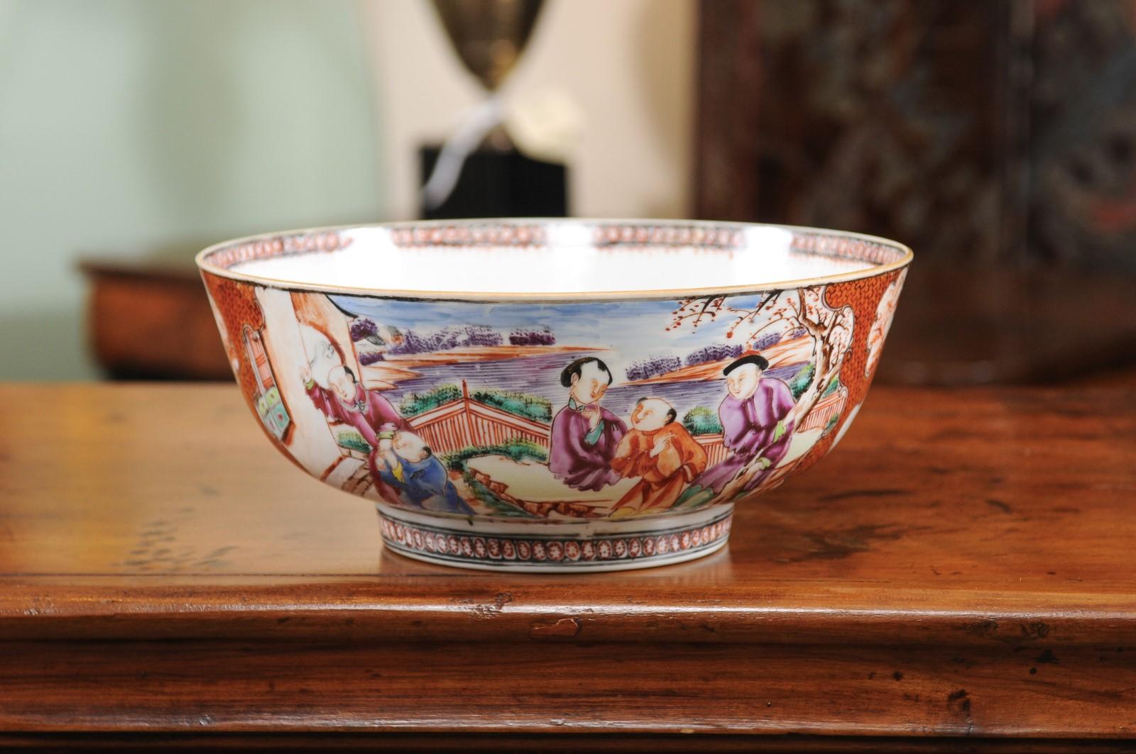 18th century Chinese Export porcelain bowl with Mandarin scene & burnt orange ground.