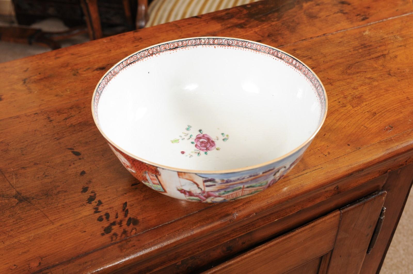 18th Century and Earlier 18th Century Chinese Export Porcelain Bowl with Mandarin Scene & Orange Ground For Sale