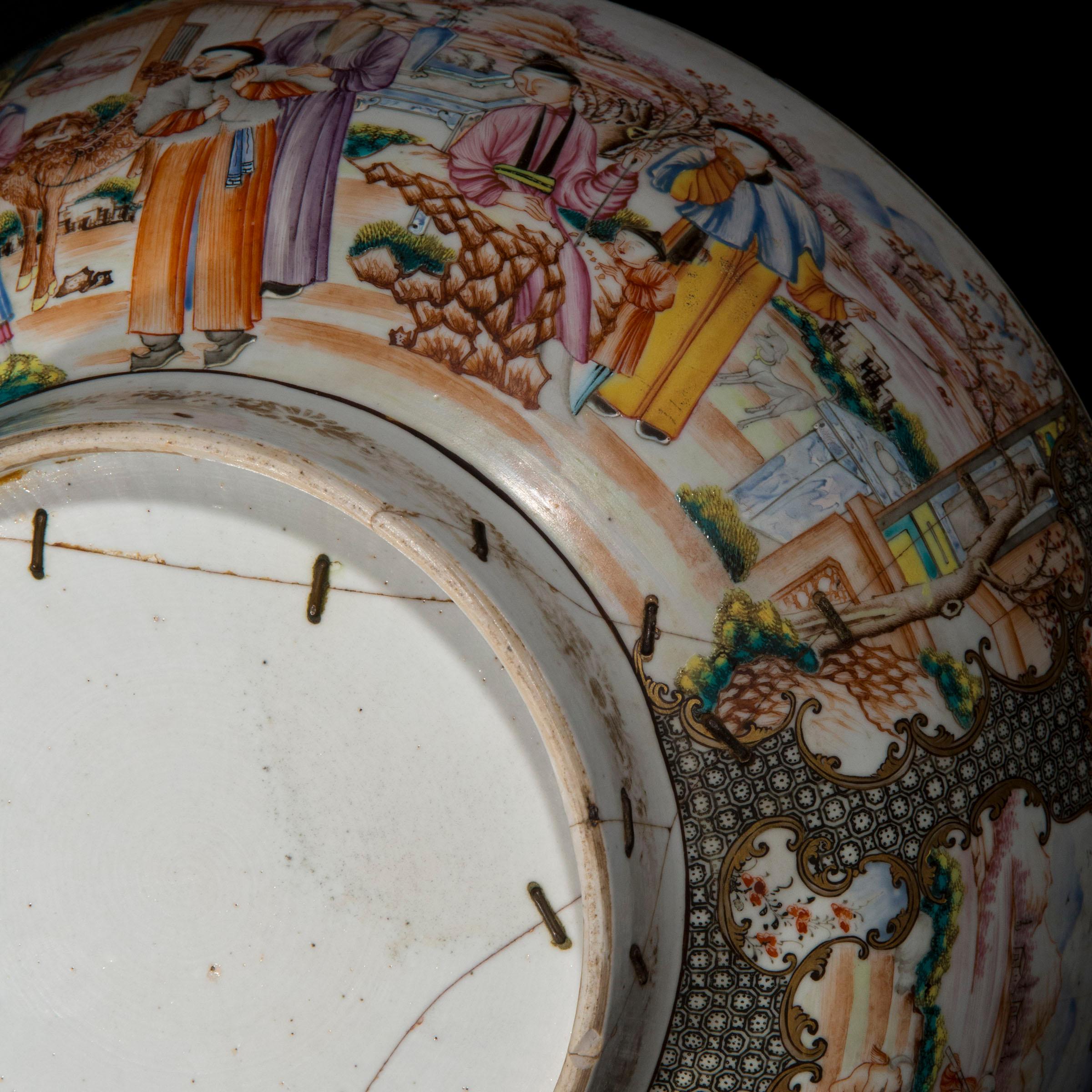 Hand-Painted 18th Century Chinese Export Porcelain Bowl with Old Riveted Repairs