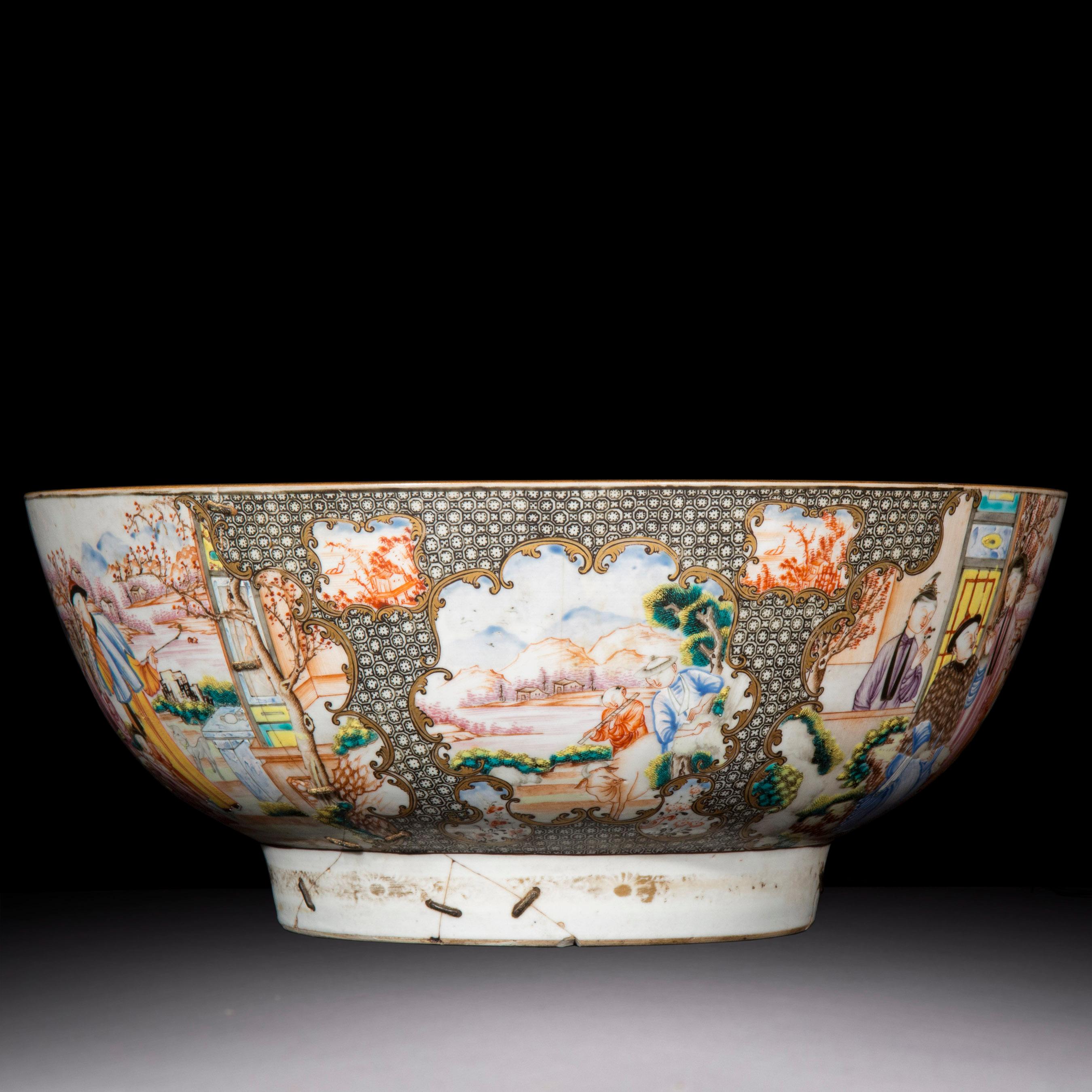 18th Century Chinese Export Porcelain Bowl with Old Riveted Repairs 4