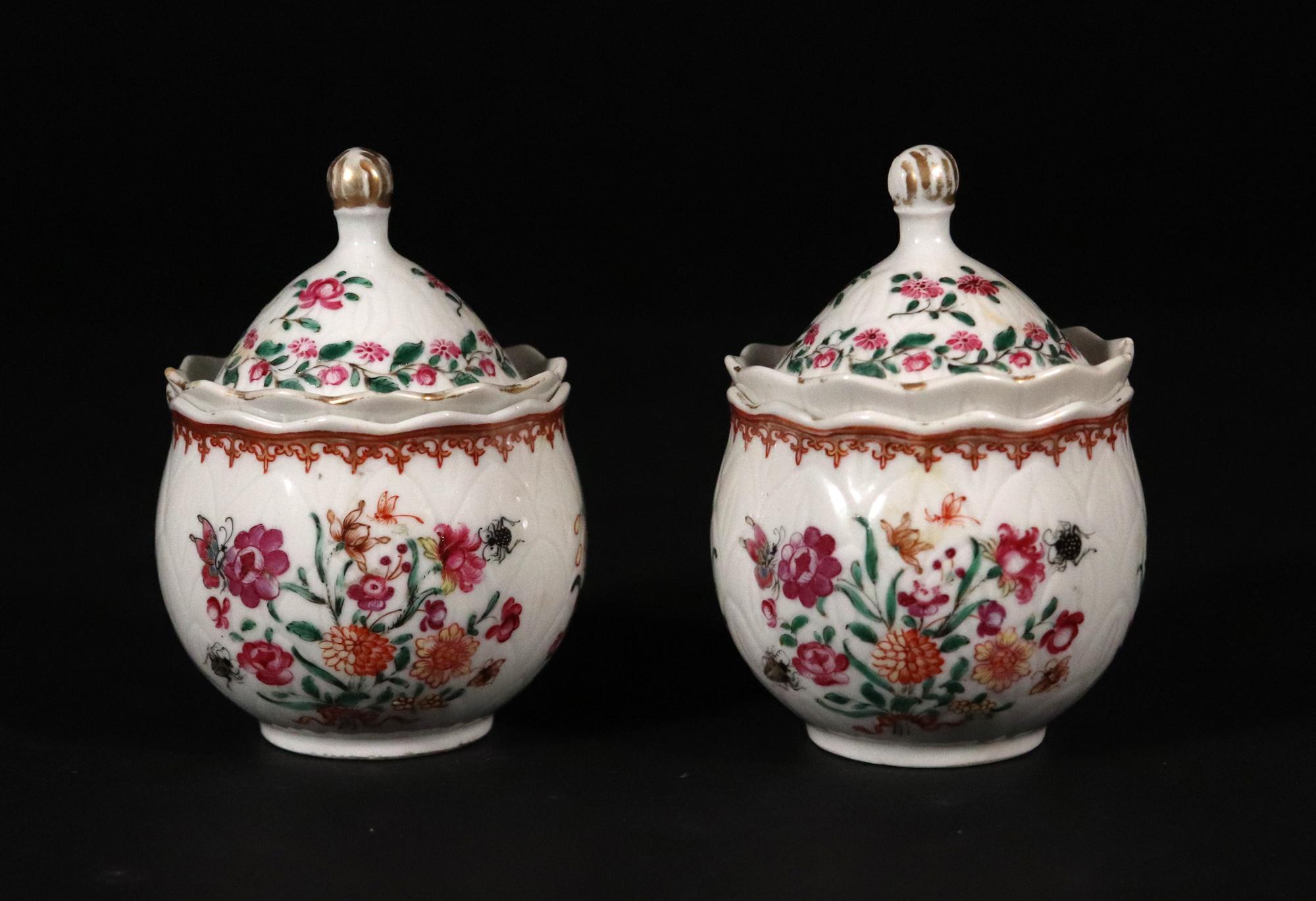 18th Century Chinese Export Porcelain Famille Rose Pot De Cremes and Covers In Good Condition In Downingtown, PA
