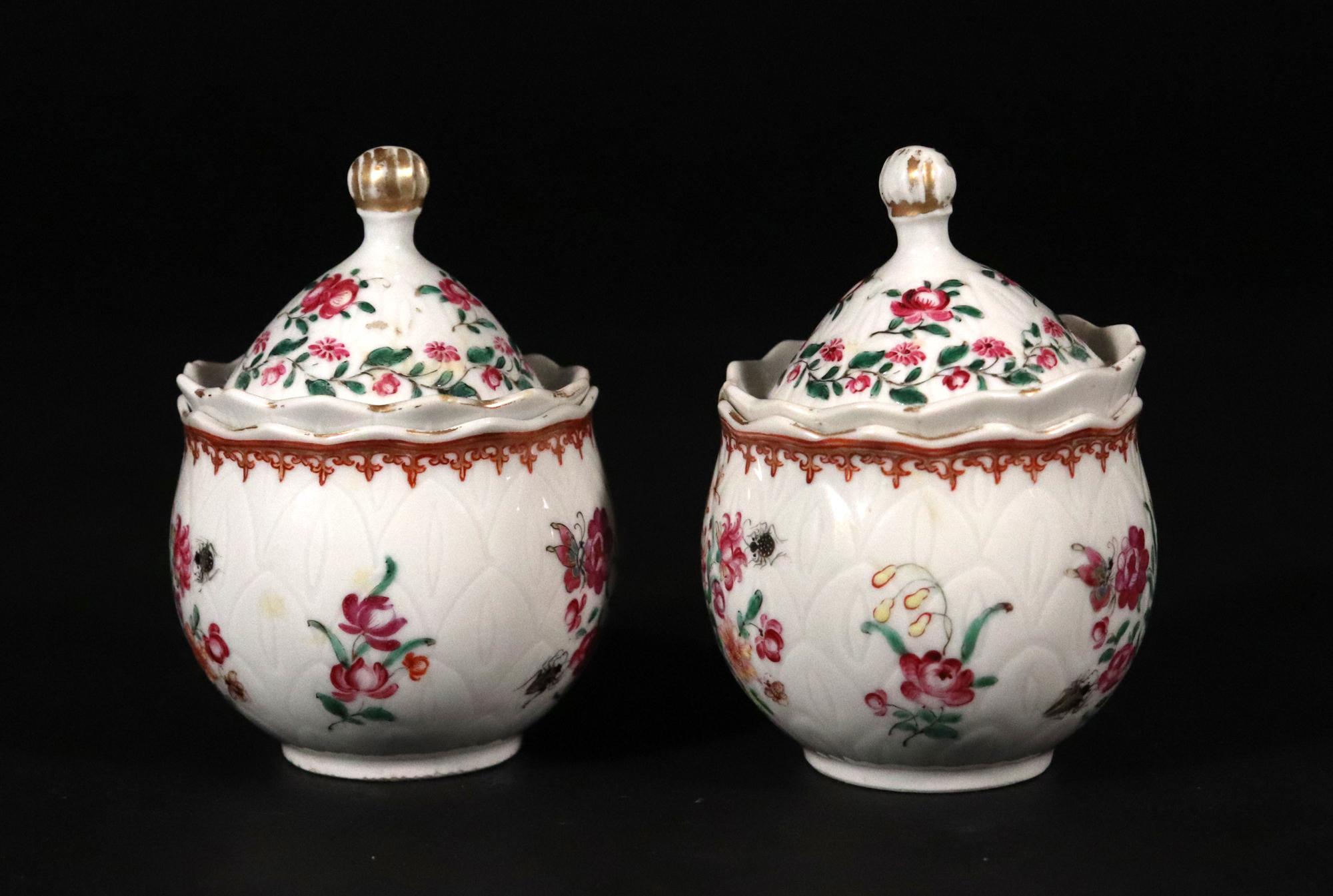 Late 18th Century 18th Century Chinese Export Porcelain Famille Rose Pot De Cremes and Covers