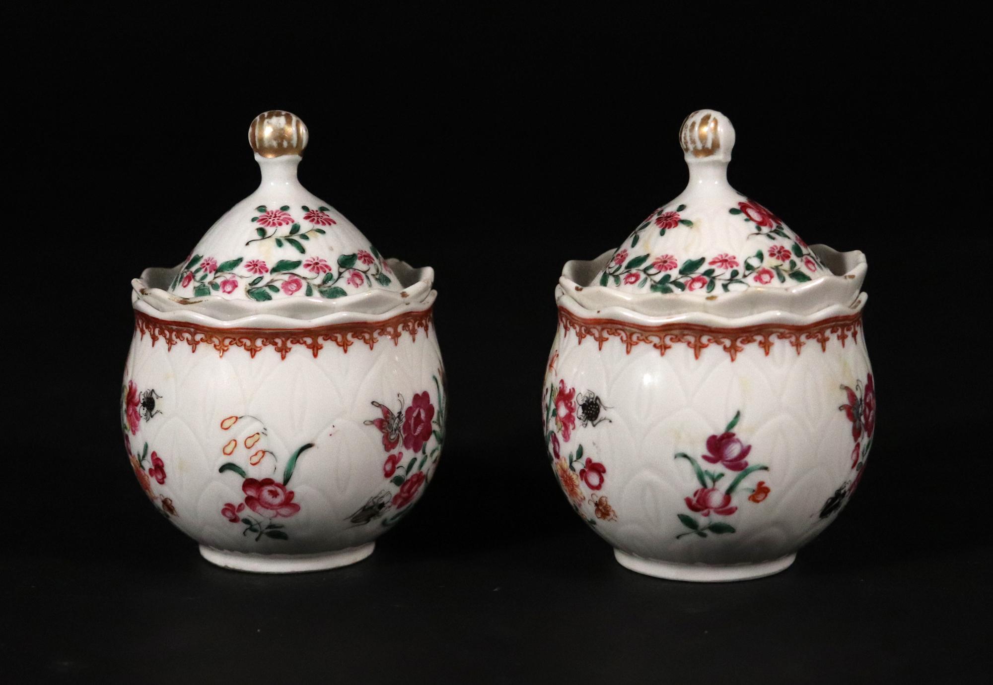 18th Century Chinese Export Porcelain Famille Rose Pot De Cremes and Covers 1