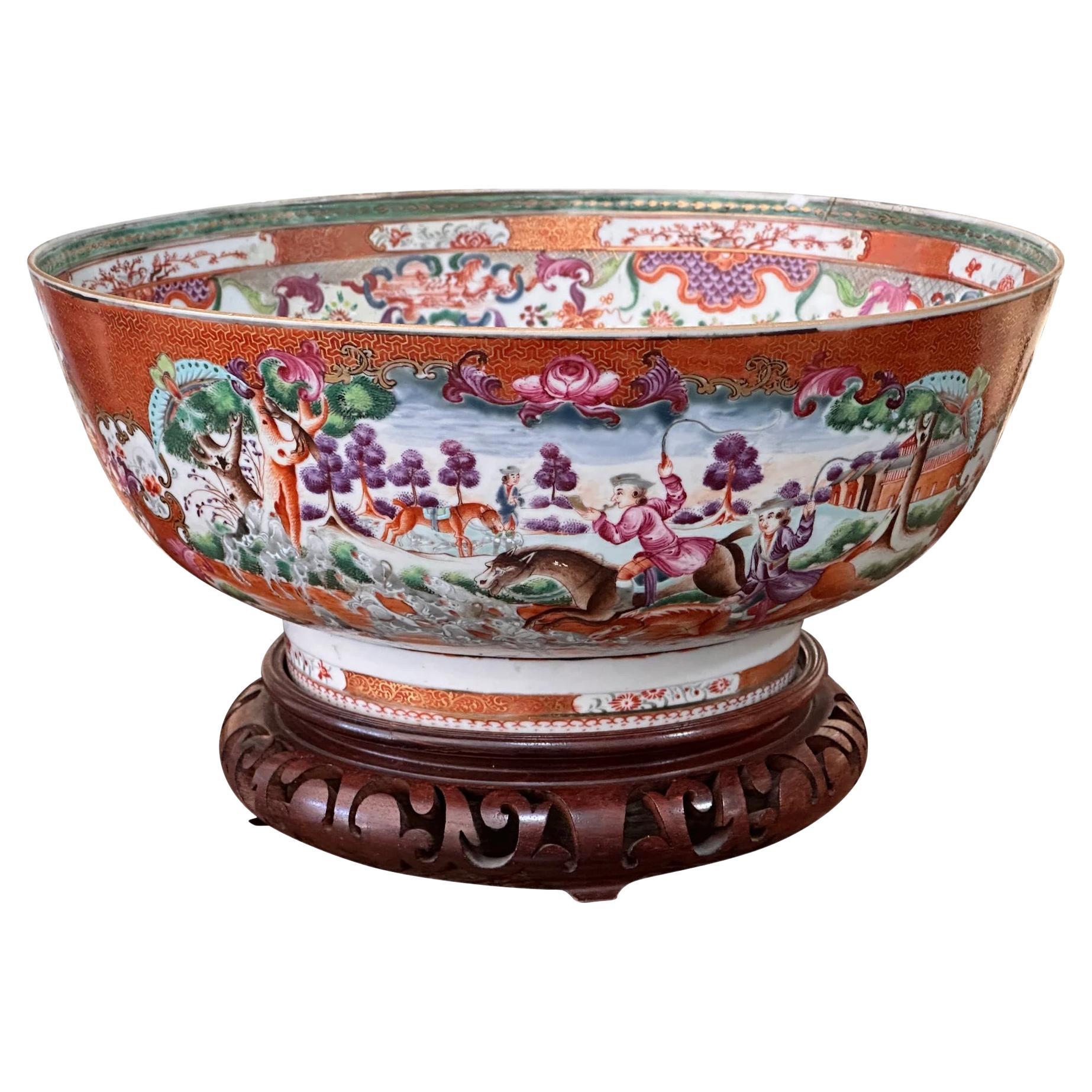18th Century Chinese Export Porcelain Hunt Pattern Punch Bowl For Sale
