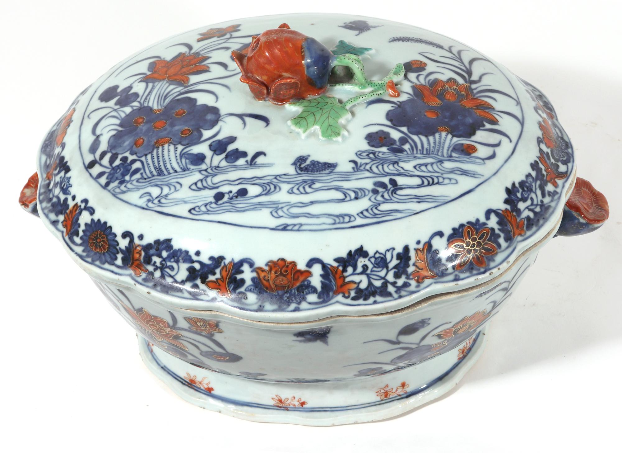 Late 18th Century 18th Century Chinese Export Porcelain Imari Tureen and Cover-Duck in Pond For Sale