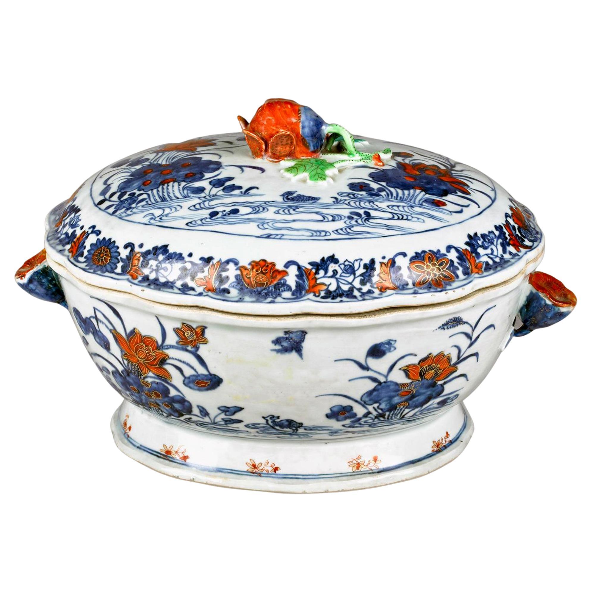 18th Century Chinese Export Porcelain Imari Tureen and Cover-Duck in Pond For Sale